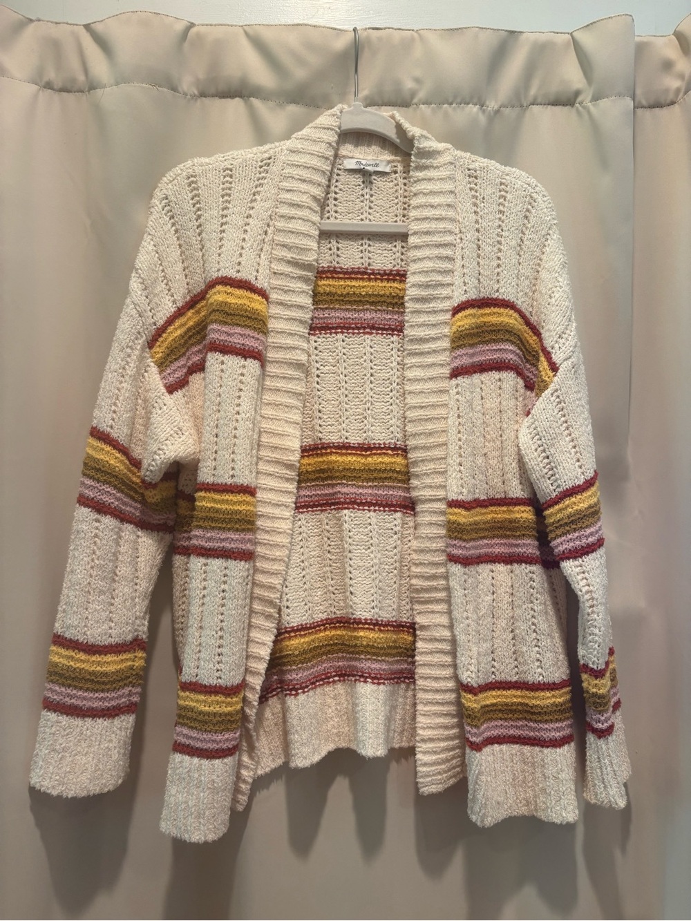 Madewell Cream Open-Front Cardigan with Yellow and Burgundy Stripes